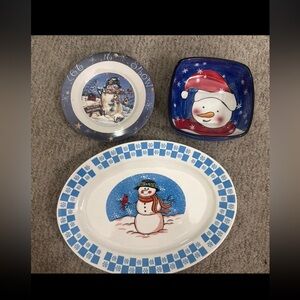 Crofton SNOWMEN SNOWFLAKES C4R1 China 14 1/2" Plus Two Additional Christmas